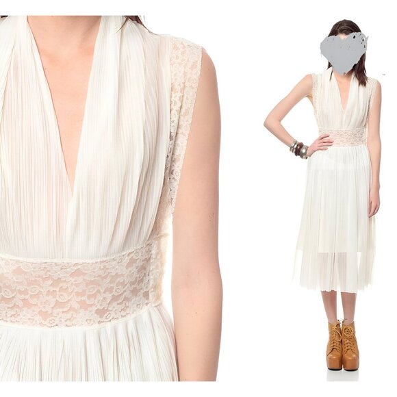 60's Vintage Slip Sheer White Dress Midi Pleated Lace Bride Wedding Halloween